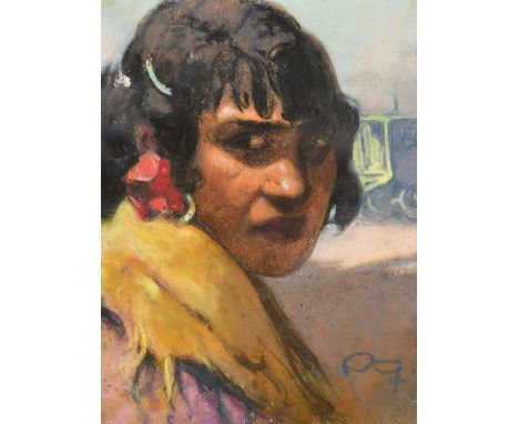 Early 20th Century, Portrait of a gypsy girl, pastel, initialled, 12.5" x 9.5", (31.5x24cm).