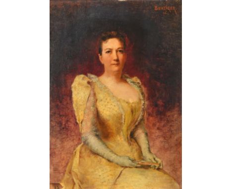 Benziger (19th Century) Portrait of a seated lady wearing a yellow dress holding a fan, oil on panel, possibly over a photogr