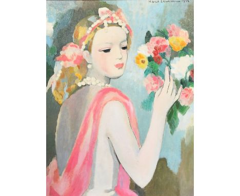 After Marie Laurencin, a portrait of a lady with flowers, oil on canvas, Galerie Troubetzkoy stamp verso, 26.5" x 19.75" (68 