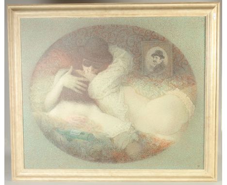 Ludmil Siskov (b. 1936) Hungarian, figures in embrace under the watchful gaze of a portrait, oil on canvas, signed with monog
