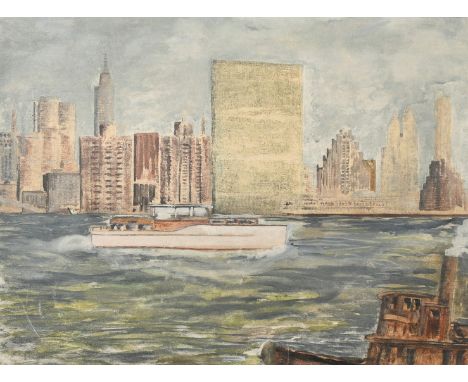 Circle of C. R. W. Nevinson, A view of New York from the Hudson River, oil on canvas board, 17.75" x 24", (45.5x61cm).