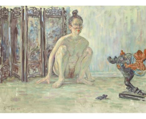 Shelia Tiffin (20th Century) An interior scene with nude young woman in a squatting position on the floor, probably a self-po