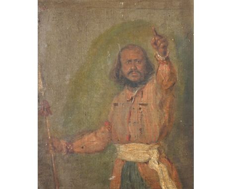 Circle of R.P. Bonington, A gentleman in a heroic pose holding a spear, oil sketch on board, possibly indistinctly inscribed 