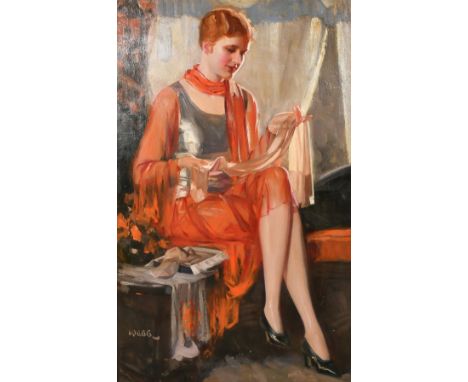 Clifford Cyril Webb (1895-1972) British, Portrait of an elegant lady seated holding a stocking, oil on canvas, signed, 42" x 