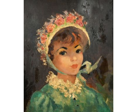 French School (20th Century) Portrait of a young woman wearing a bonnet with flowers, oil on board, 16" x 13", (41x33cm).