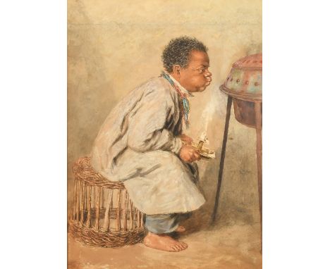 W. Hunt (19th Century), 'Lighting the Brazier', watercolour, signed, Agnews label verso, 14" x 10" (36 x 26cm).