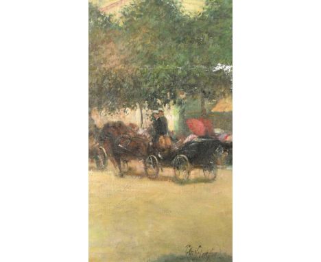 R. Pickford, A continental view of figures travelling in a coach, oil on canvas laid down, signed, 23" x 13.5", (58.5x34cm).
