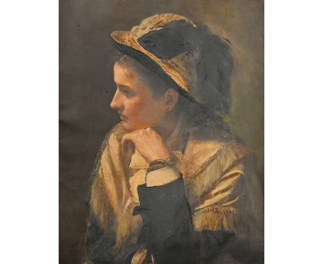 Blanche F. MacArthur (1847-1903), Head and shoulders portrait of a young lady wearing a straw bonnet with a black bow, oil on