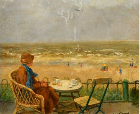 R. Ives Browne (1865-1956) Netherlands, A lady seated at a table having tea looking out to sea, with figures on the beach, oi