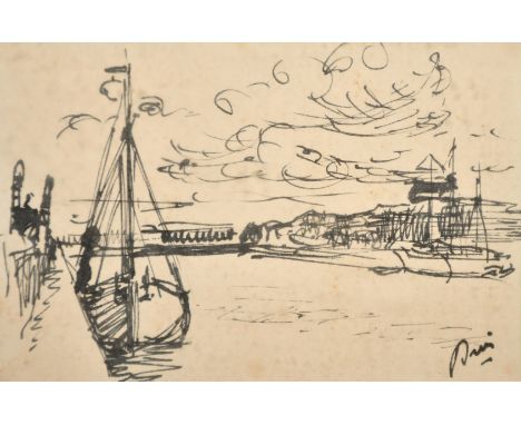 French School, circa 1900, 'The Port, Deauville', an ink sketch of a boat alongside a quay, indistinctly signed, inscribed ve