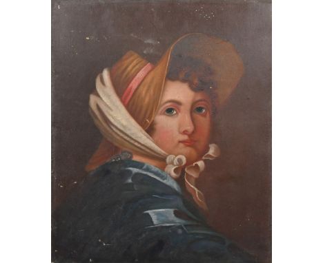 19th Century, Portrait of a young lady wearing a bonnet, oil on board, 18.5" x 15.75", (47x40cm) (unframed).