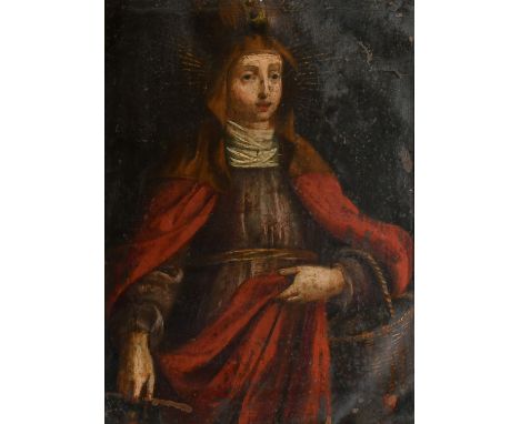 18th Century Continental School, Portrait of a female Saint with a basket and holding a lantern, oil on copper, 8" x 6.25", (