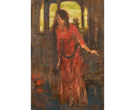 Early 20th Century, Portrait of a woman standing wearing a long red dress, oil on board, initialled, 14" x 9.5", (36x24cm).