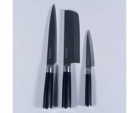 Handcrafted Japanese Ibaraki steel blades. 7-inch Nakiri vegetable knife, 8.5-inch slicing knife, and 5-inch utility knife. H