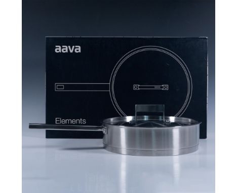 Contemporary design with long square handle and matching lid. Aava impressed mark. This item has its original box: 19"L x 12"