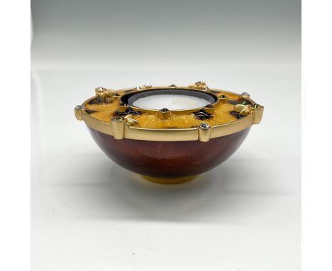 Metal enameled holder, Tortoise, has burgundy bowl with yellow and brown ring embellished with Swarovski crystals. Jay Strong