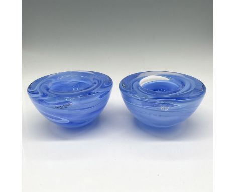 Lovely, swirled glass half round holders. Kosta Boda mark. 7060015. One item has its original box: 5"L x 5"W x 3"H. Issued: 2