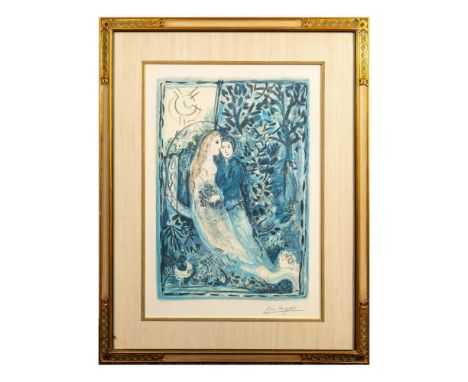 Limited edition color lithograph on paper entitled The Wedding Bouquet by Marc Chagall. Housed in a Neo-Empire style grey-blu