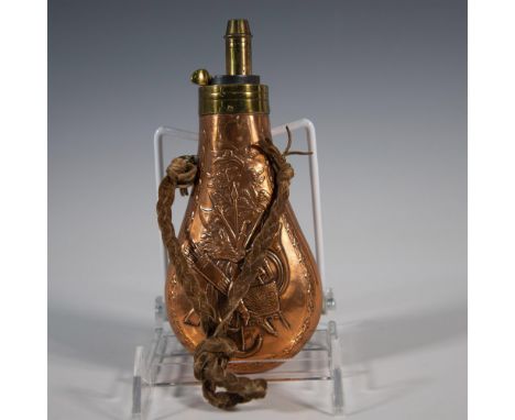 This outstanding French gun powder flask (poire a poudre de chasse) is made in copper incised on both sides with hunting trop