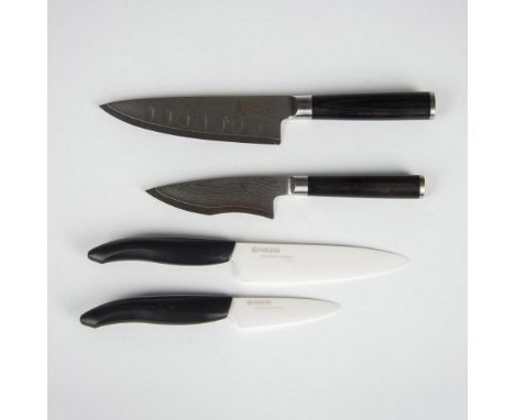 Hand crafted knives made of ceramic and stainless steel. Ebony pakkawood handle on Shun and black ceramic handle on Kyocera. 