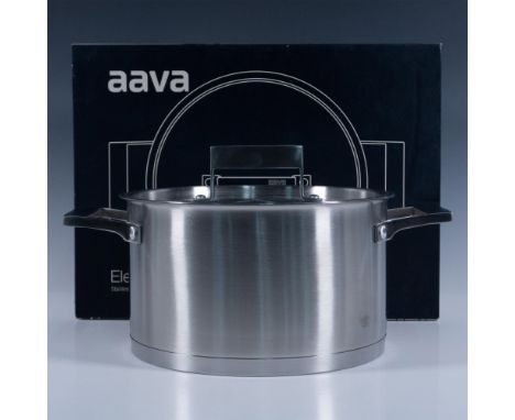 Contemporary designed doubled handled pot with matching lid. Aava impressed mark. This item has its original box: 16"L x 13"W