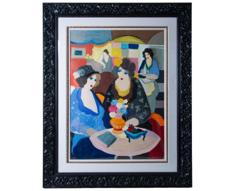 Large original color serigraph on paper by Post-Impressionist Israeli artist Itzchak Tarkay. He focuses on two women in a caf