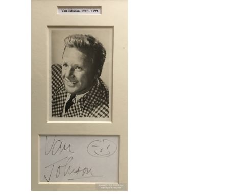 Van Johnson actor signed autograph album page with smiley face doodle plus unsigned b/w portrait photo nicely framed and moun