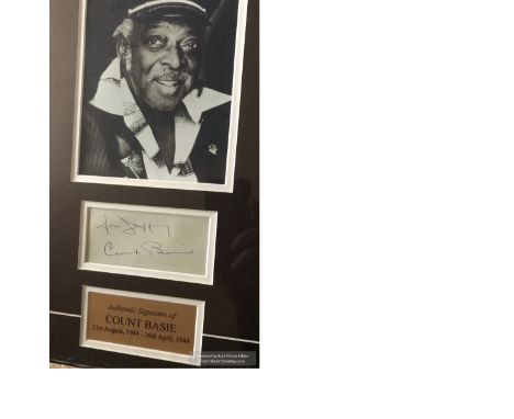 Count Basie signed music autograph display. Comprises vintage dedicated signed autograph album page, mounted with b/w portrai