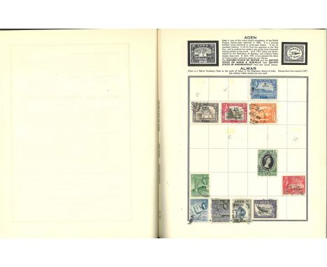 British commonwealth stamp collection. Housed in green diplomat stamp album. Includes stamps from Ade, Great Britain, India, 