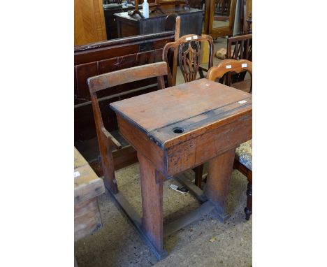 VINTAGE LIFT TOP SCHOOL DESK WITH INTEGRAL CHAIR, WIDTH APPROX 62CM