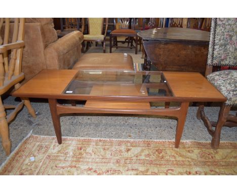 1960S/70S TEAK GLASS INSET COFFEE TABLE WITH SHELF BENEATH, APPROX 137 X 51CM