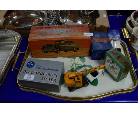 TRAY CONTAINING MODEL CARS AND MICKEY MOUSE INGERSOLL ALARM CLOCK AND BOXED MODEL OF A VAUXHALL VELOX