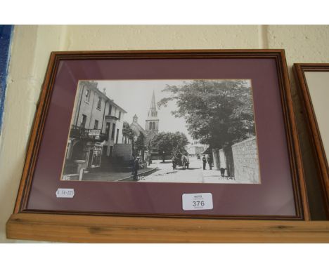 THREE FRAMED BLACK AND WHITE VINTAGE PHOTOGRAPHS DEPICTING HORSE AND CART, VILLAGE SCENE AND A COUNTRY HOUSE