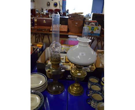 BRASS OIL LAMP WITH WHITE SHADE AND ONE OTHER LAMP