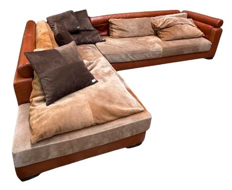 Two large L-shaped sectional Fendi sofas, upholstered in terracotta and suede tanned leather on black square supports with su