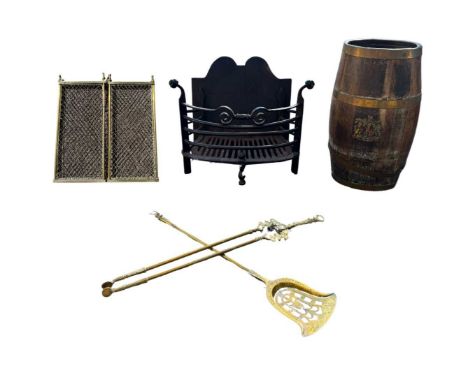 A brass hooped oak stick stand or barrel, height 61cm, width 29cm, depth 22cm, decorated to the front with the Royal Coat of 