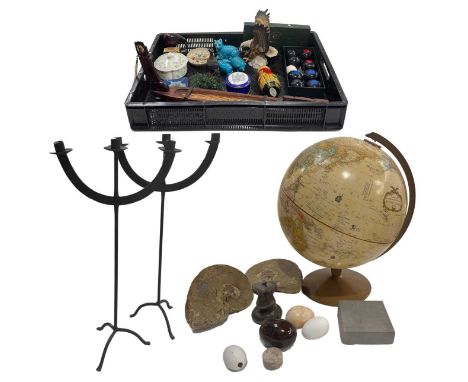 Two three light candelabra, 65cm high, a large bisected and polished ammonite, 19cm long, Concord hip flask with original pre
