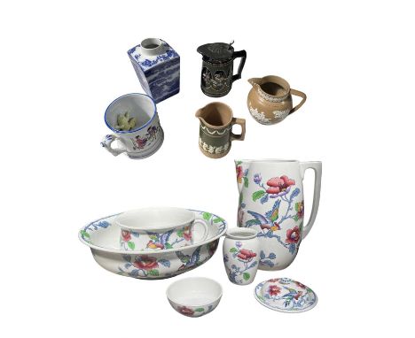 A Keeling and Co ceramic bathroom suite consisting of jug and bowl, chamber pot, soap dish and cover and pot, together with t