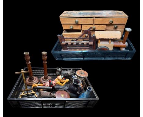 A wood and metal frame glass egg timer, a Brian Bradley Dent model steam engine, a wood-handled steel corkscrew, 19th-century