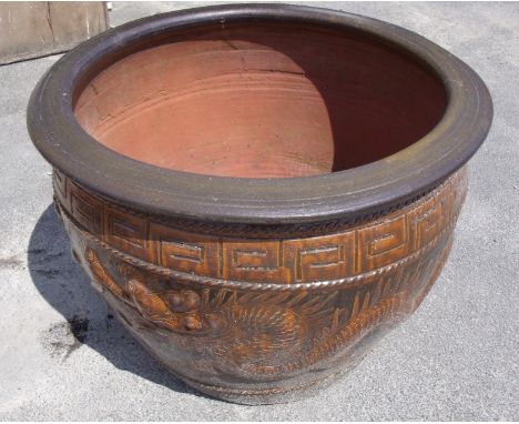 Large terracotta style circular planter decorated with Greek detail and dragons (diameter 70cm, height 50cm) 