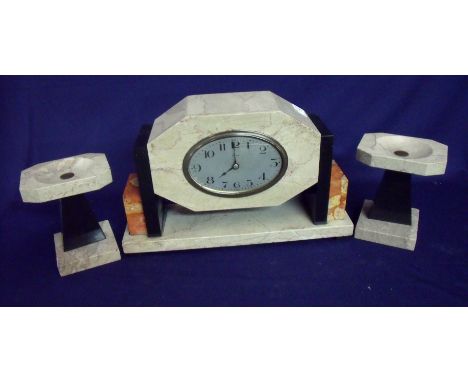 Art deco marble and onyx 8 day mantel clock set with wind up movement