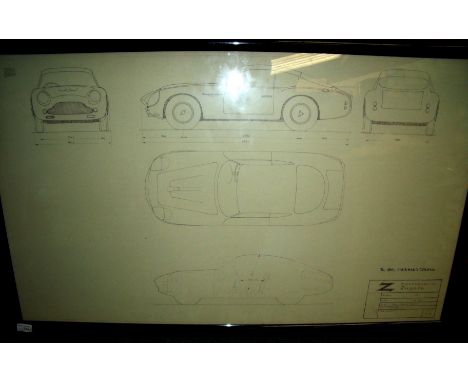 Framed and mounted scale drawings for Aston Martin DB4/GT 1.10scale (111cm x 68cm including frame 