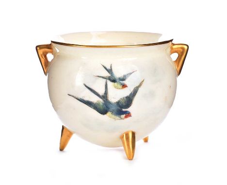 ROYAL WORCESTER CAULDRON.BIRD DESIGN.HEIGHT: 2½ INCHES.DIAMETER: 2½ INCHES.IN GOOD CONDITION.