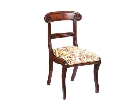 WILLIAM IV MAHOGANY SIDE CHAIR WITH TAPESTRY UPHOLSTERED SEAT.RAISED ON SABRE LEGS.HEIGHT: 35 INCHES.WIDTH: 18 INCHES.DEPTH: 