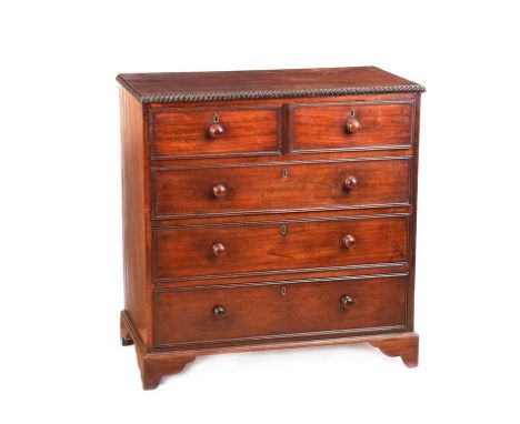 WILLIAM IV MAHOGANY TWO OVER THREE CHEST WITH TURNED HANDLES.RAISED ON BRACKET FEET.HEIGHT: 37 INCHES.WIDTH: 36 INCHES.DEPTH: