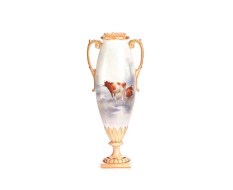 ROYAL WORCESTER TWO HANDLED VASE. CATTLE GRAZING. RAISED ON A SQUARE FOOT BASE.NO. 1046. SIGNED BY JOHN STINTON.HEIGHT: 9¼ IN