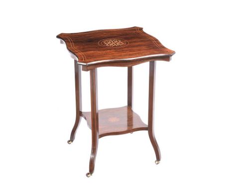 EDWARDIAN INLAID ROSEWOOD SHAPED TOP LAMP TABLE WITH UNDERSHELF.RAISED ON SPLAYED LEGS WITH CASTORS.HEIGHT: 27 INCHES.DIAMETE