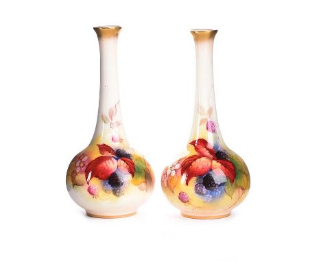 PAIR OF ROYAL WORCESTER SPILL VASES.WILD BERRIES.SIGNED M. BLAKE.HEIGHT: 5¼ INCHES. IN GOOD CONDITION.