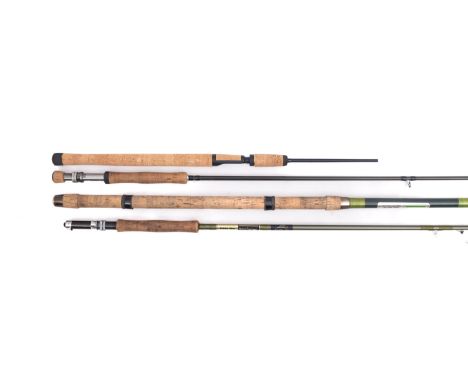 Four Shakespeare fly fishing rods. Comprising an Odyssey two piece 9' 8" rod length, an Expedition Spin four piece 8' 8" rod 
