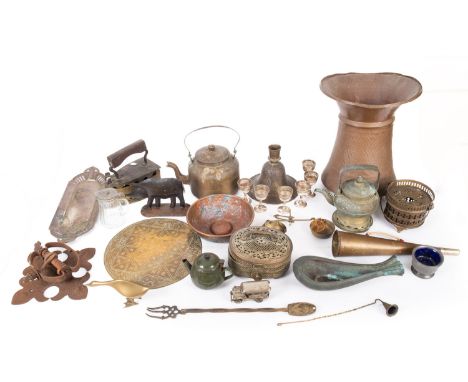 A set of silver plated eggcups. Together with an assortment of metalware including a brass kettle, iron and horn etc.